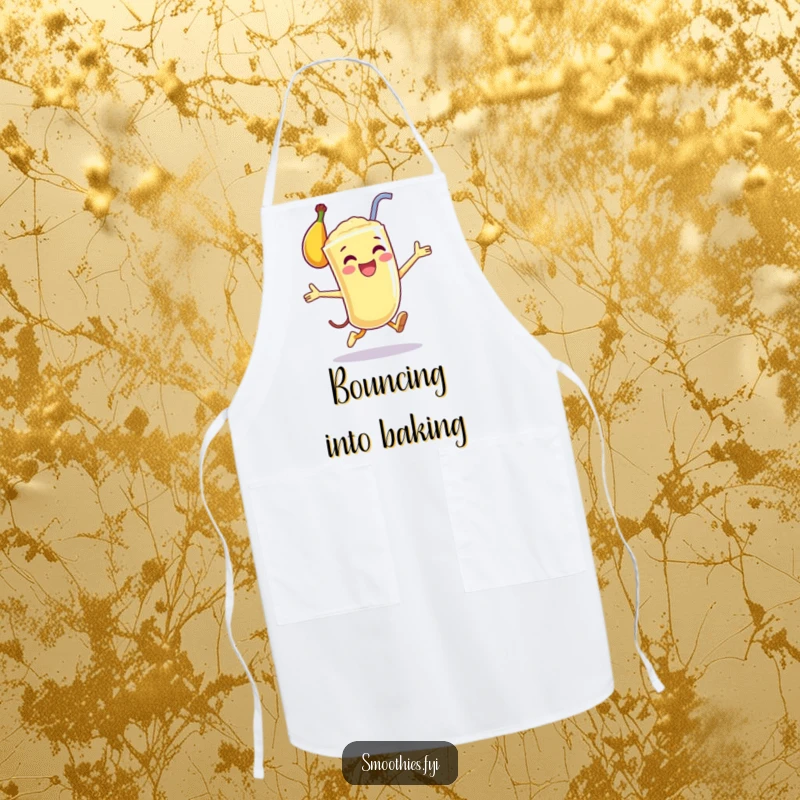 Funny kitchen apron featuring a happy anthropomorphic banana smoothie in a joyful leap, perfect for energetic cooking sessions.