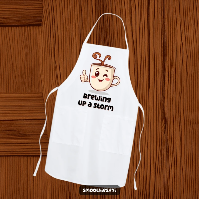 Funny apron featuring a steaming coffee cup character giving a thumbs up, designed for cooks who enjoy adding humor and approval to their kitchen.