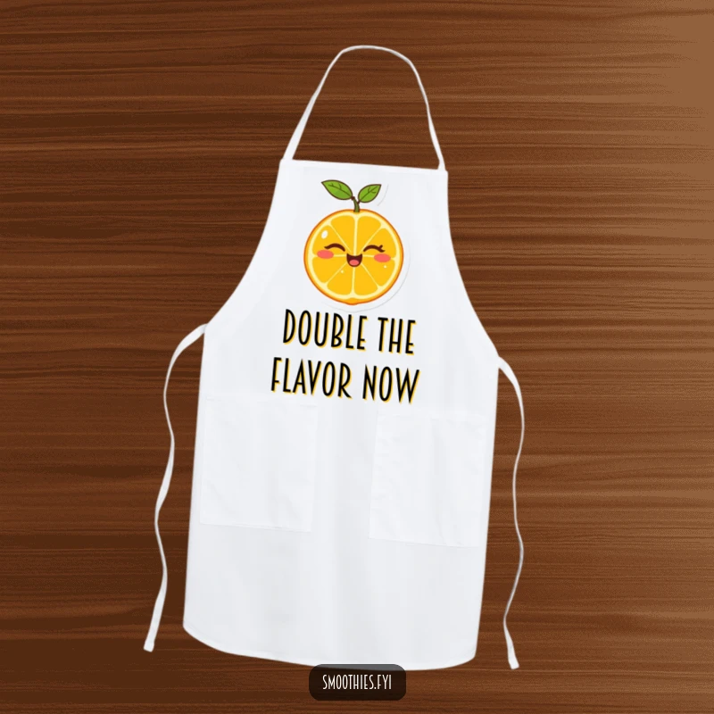 Funny apron showcasing a cheerful tangerine winking as it splits itself in half, practical kitchen wear with a humorous design.