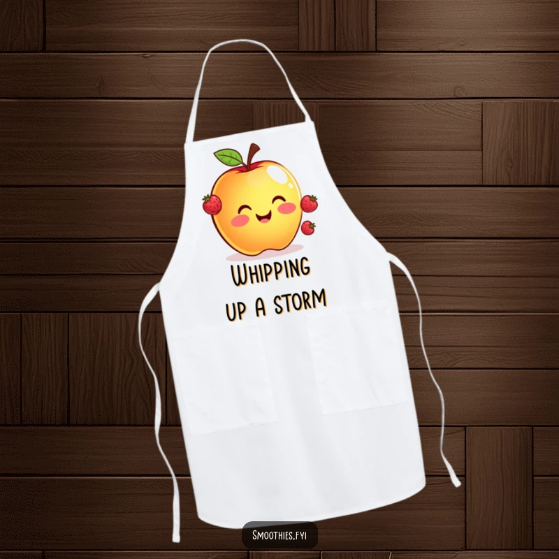 Funny apron showing a smiling apple artfully juggling three small floating berries, practical kitchen wear with a humorous design.