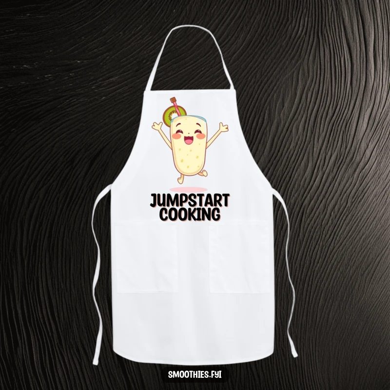 Funny apron with an excited kiwi smoothie character jumping with glee, perfect for adding a touch of energetic fun to cooking.