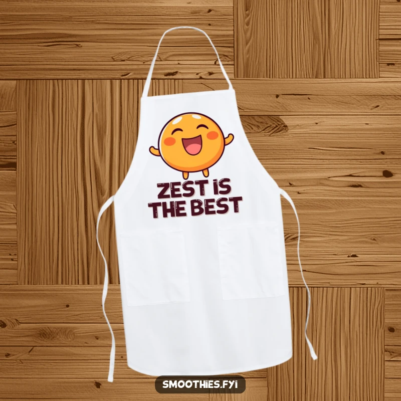 Funny apron featuring a round, happy orange character laughing heartily, designed for cooks who enjoy adding humor and cheer to their kitchen.