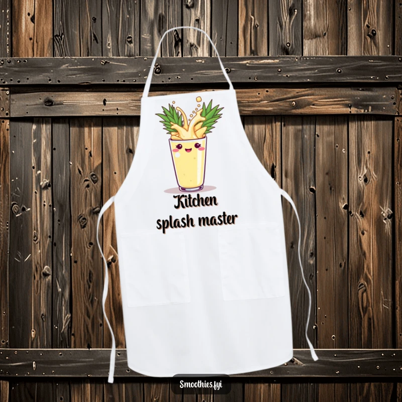 Funny pineapple smoothie splashing into a cup on a chef apron, adding humor and protection in the kitchen. A funny cooking gift.