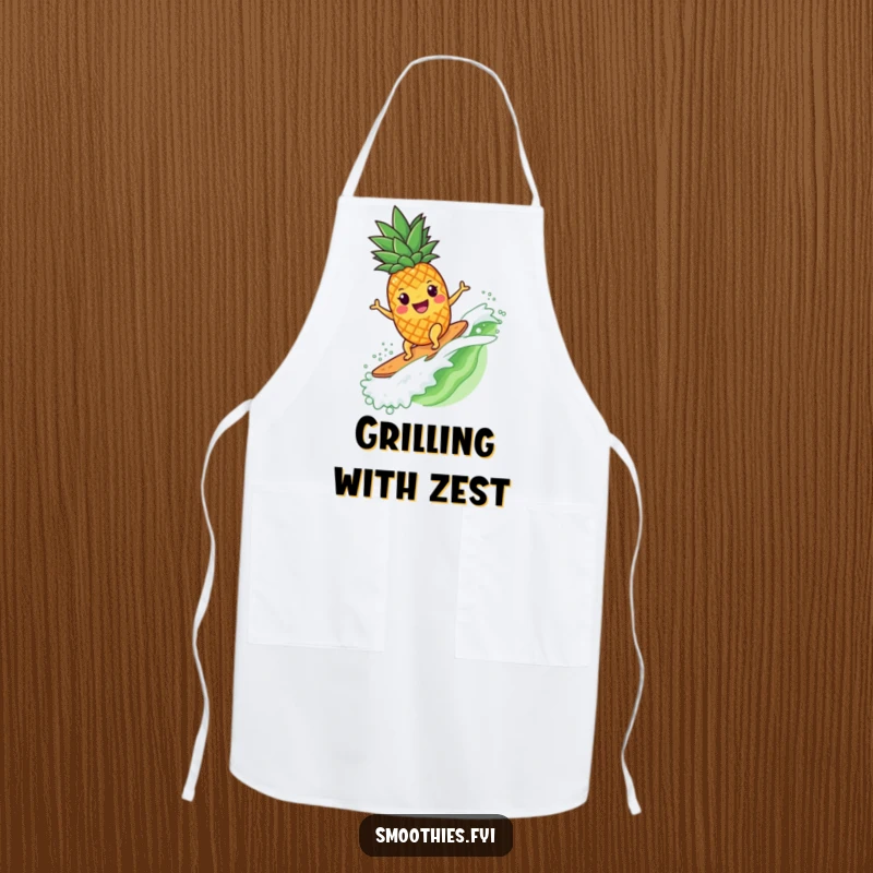 Funny pineapple character surfing a smoothie wave, perfect for kitchen duty on a humorous apron.