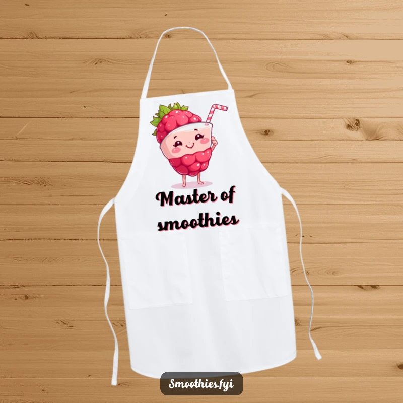 Funny proud raspberry holding a frothy smoothie on an apron, perfect for a proud and playful kitchen experience.