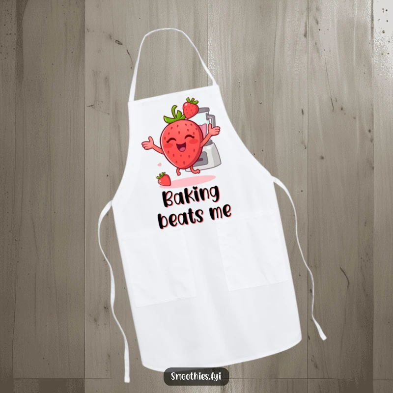 Funny strawberry doing a happy dance with a blender in the background on an apron, great for joyful cooking.