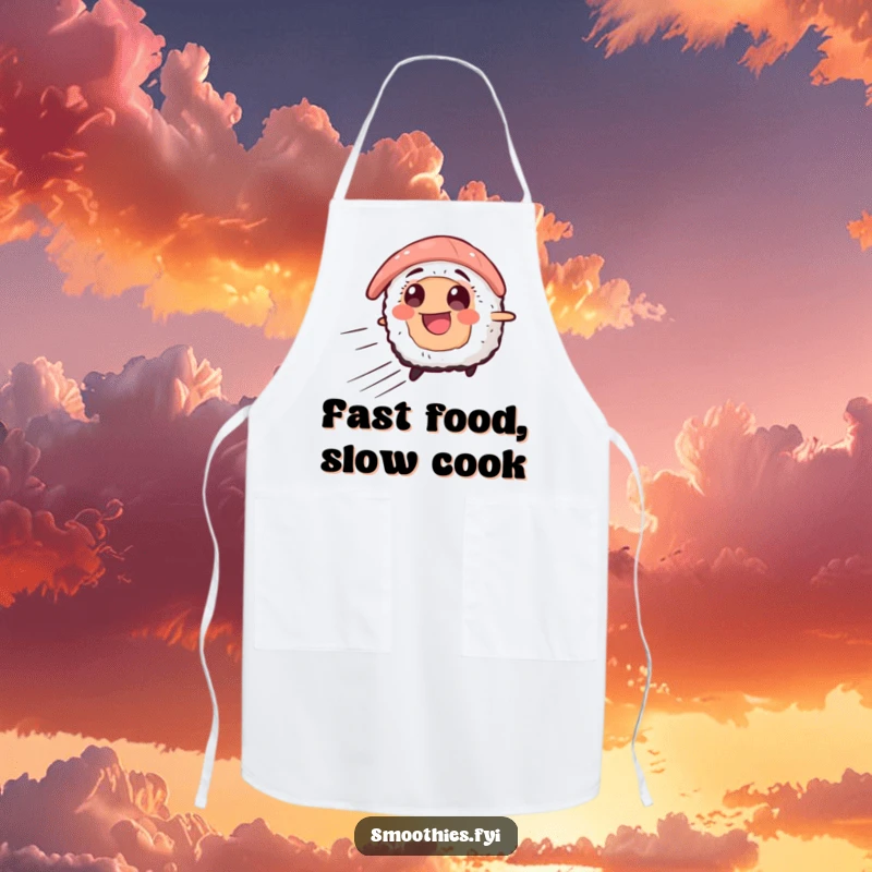 Funny apron featuring a smiling sushi character in motion with speed lines, designed for cooks who enjoy adding humor and energy to their kitchen.