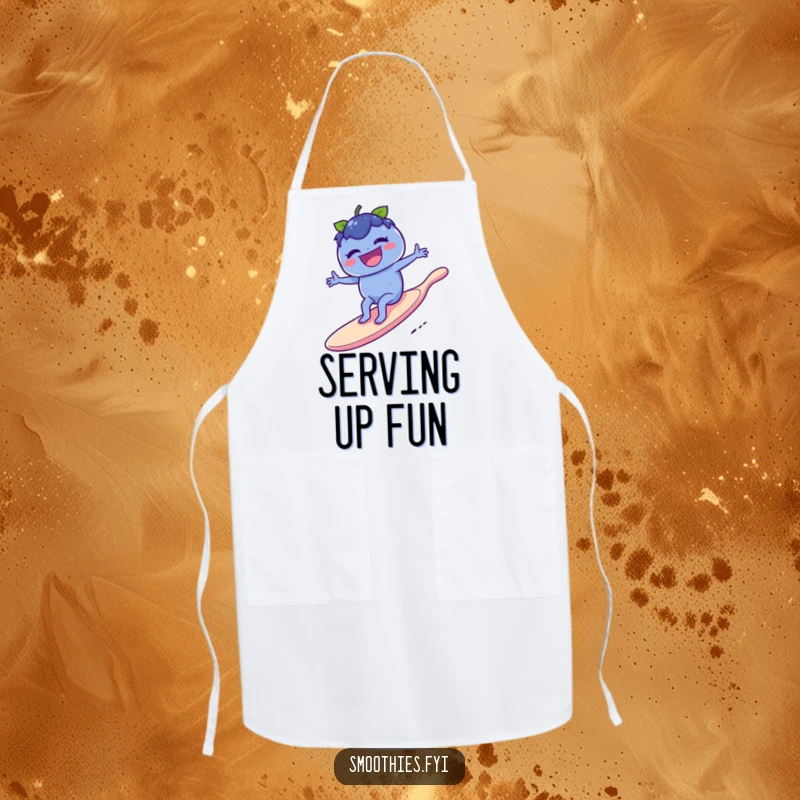 Funny blueberry laughing on a giant spoon surfboard on an apron, perfect for a playful and protective kitchen experience.
