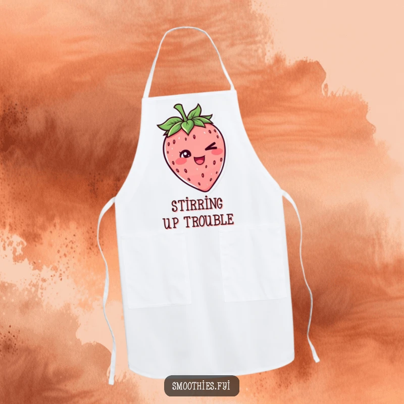 Funny apron featuring a cheerful strawberry character with a mischievous wink, designed for cooks who enjoy adding humor to their kitchen.