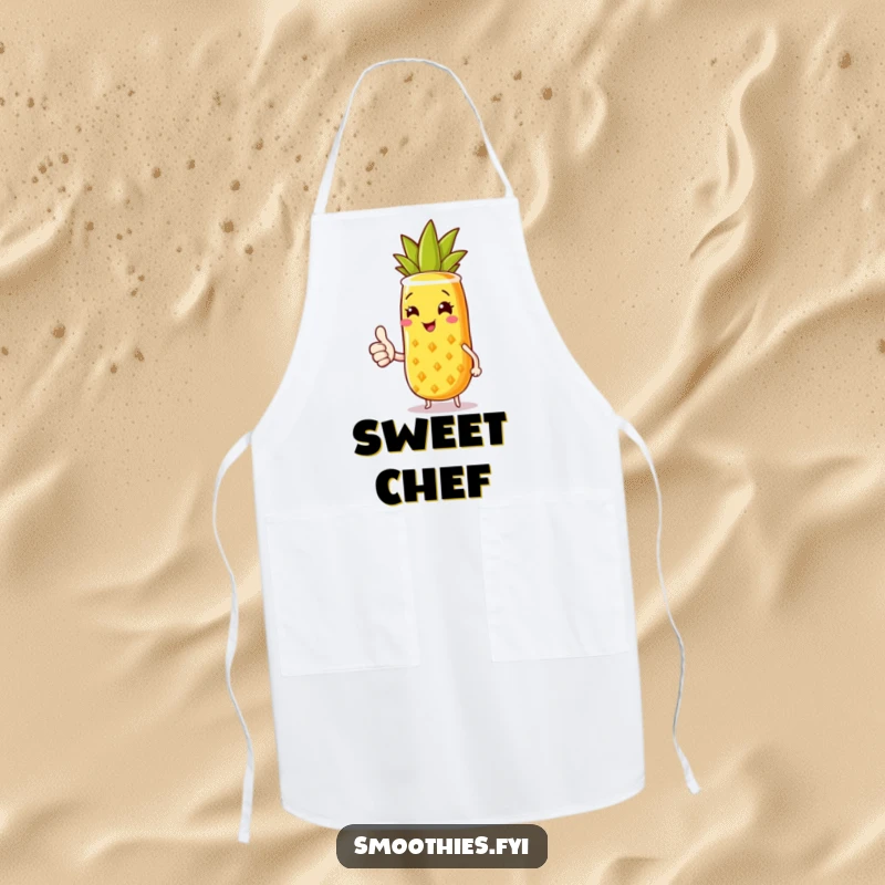 Funny apron with a joyful pineapple smoothie character smiling and giving a thumbs up, perfect for sunny kitchen vibes.