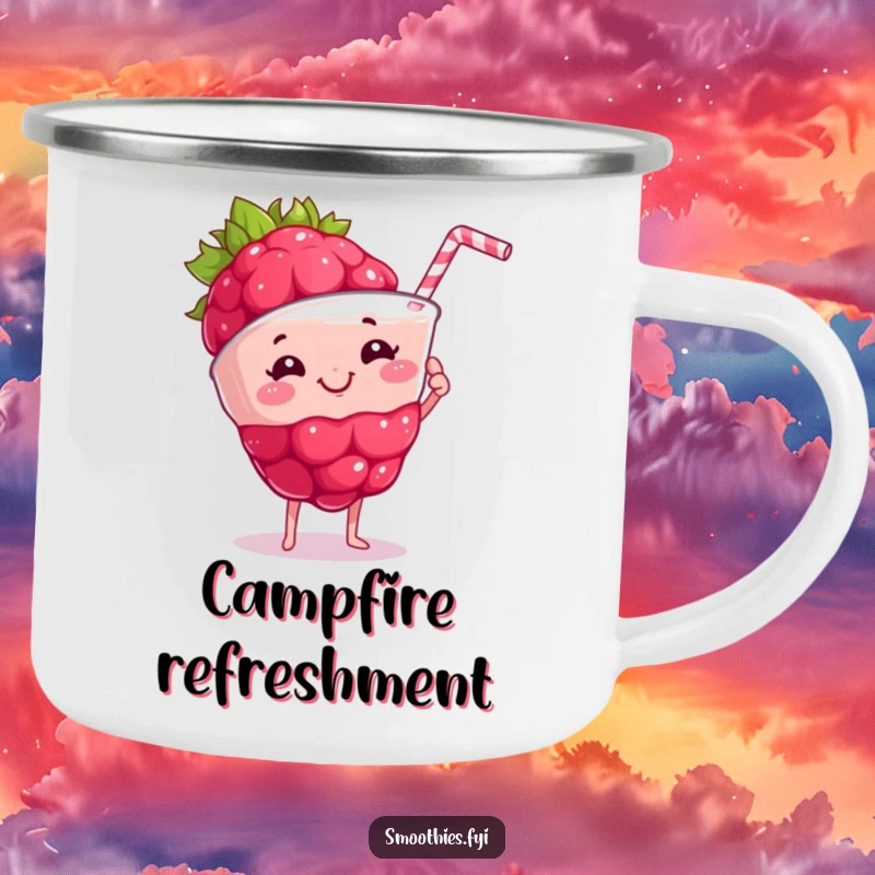 Funny proud raspberry holding a frothy smoothie on a camping mug, perfect for healthy and humorous outdoor hydration.
