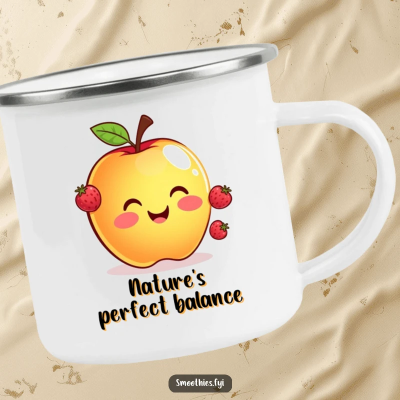 Funny camping mug featuring a smiling apple juggling three tiny floating berries, perfect for outdoor enthusiasts who appreciate humor.