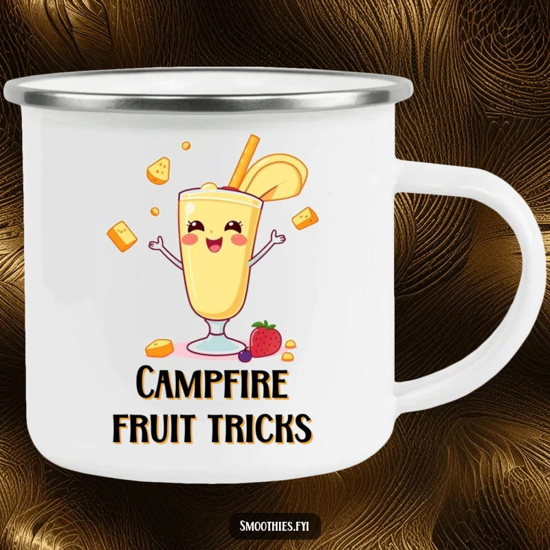 Funny banana smoothie juggling fruits on a rugged enamel camping mug, ideal for outdoor enthusiasts. A humorous and practical gift.