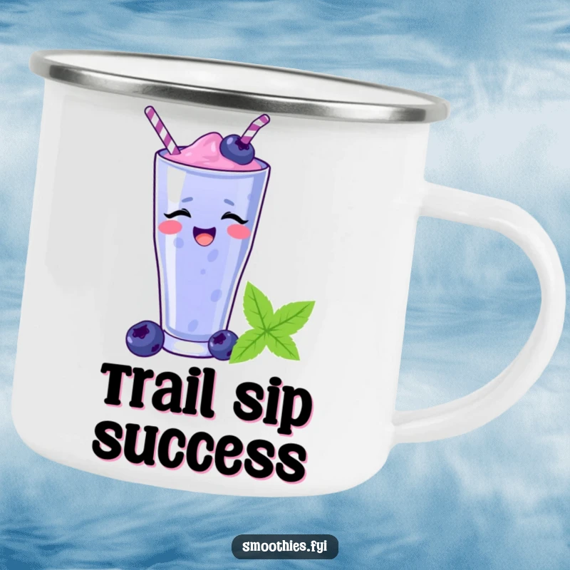 Funny blueberry smoothie sliding down a straw on a sturdy enamel camping mug, ideal for outdoor enthusiasts. A humorous and practical gift.