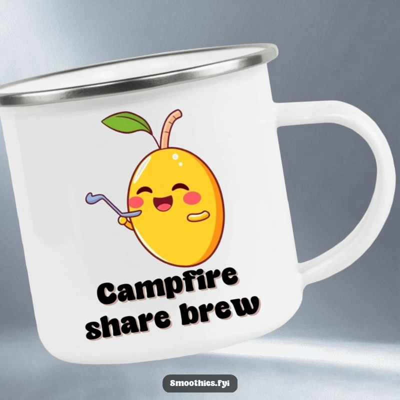 Funny laughing mango character sharing a smoothie with a tiny spoon, featured on an enamel camping mug.