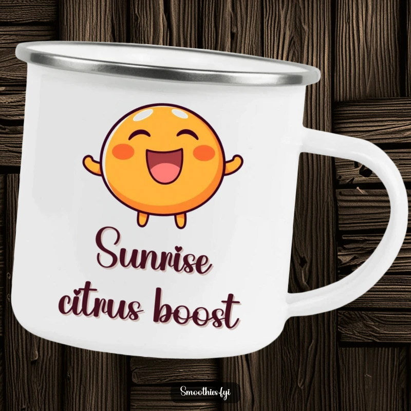 Funny camping mug featuring a round, happy orange character laughing boisterously, perfect for enjoying drinks during outdoor adventures with a humorous twist.