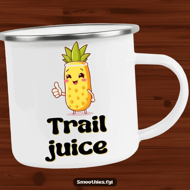 Funny camping mug with a joyful pineapple smoothie character giving a thumbs up, perfect for enjoying outdoor adventures with tropical cheer.