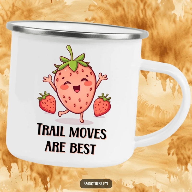 Funny enamel camping mug with a joyful strawberry character joyfully performing a silly dance, ideal for outdoor humor.