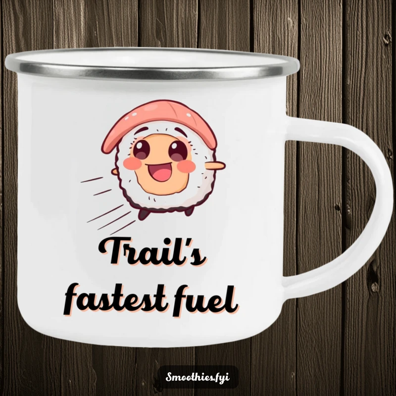 Funny camping mug featuring a smiling sushi character in motion with speed lines, perfect for enjoying drinks during outdoor adventures with a humorous twist.