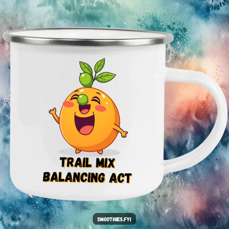 Funny enamel camping mug showing an excited orange character balancing a lime on its nose, ready for outdoor fun.