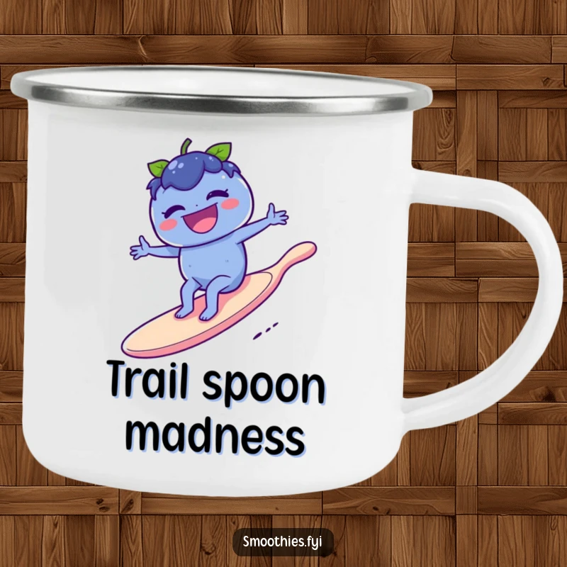 Funny blueberry laughing on a giant spoon surfboard on a camping mug, perfect for adventurous and humorous outdoor moments.