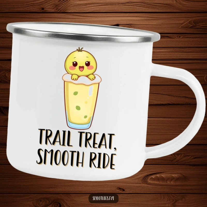 Funny kiwi character riding a smoothie, featured on a rugged enamel camping mug for outdoor fun.