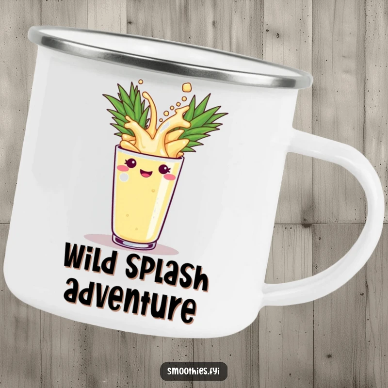 Funny pineapple smoothie splashing into a cup on a sturdy enamel camping mug, ideal for outdoor enthusiasts. A humorous and practical gift.