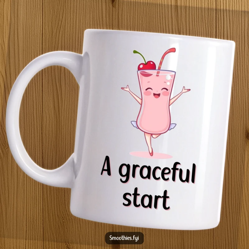 Funny Cherry Smoothie Ballet Mug: A delighted cherry smoothie gracefully performs a ballet pose, bringing joy and humor.