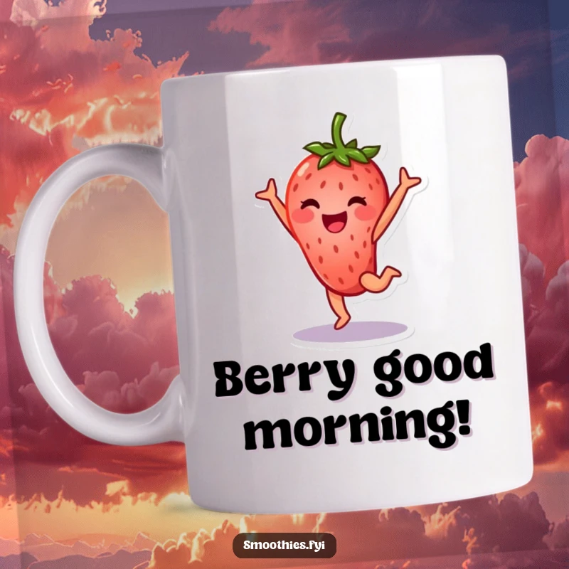 Funny strawberry character mug doing a cartwheel with a big smile, energetic and joyful fruit cartoon.