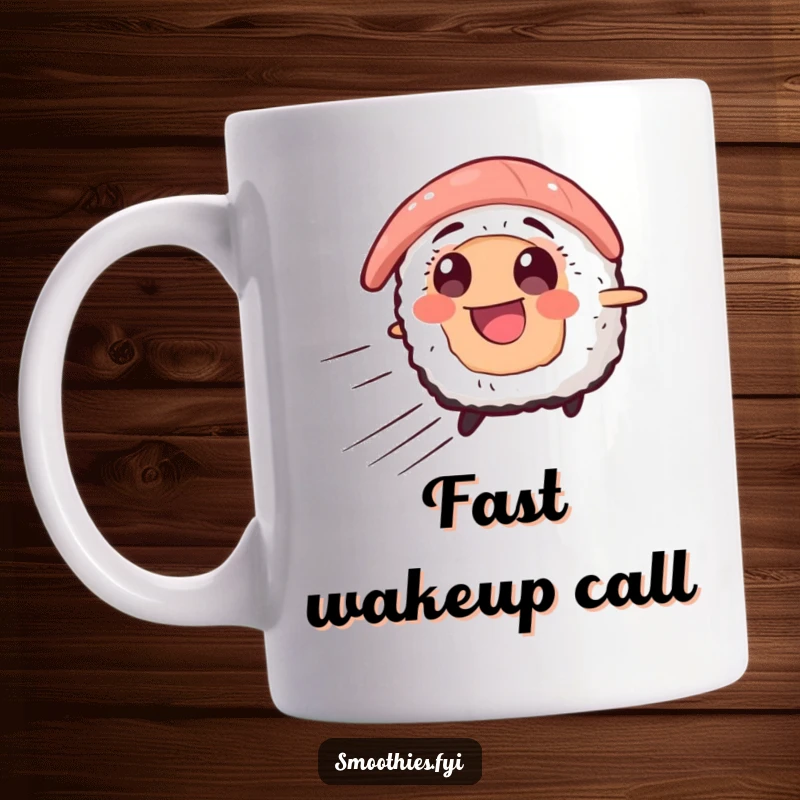 Funny mug featuring a smiling sushi slice character zooming forward with speed lines, conveying a sense of delicious haste.