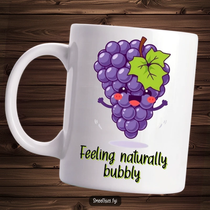 Funny mug featuring a joyful grape cluster happily bouncing with little motion swirls, capturing playful energy and delight.