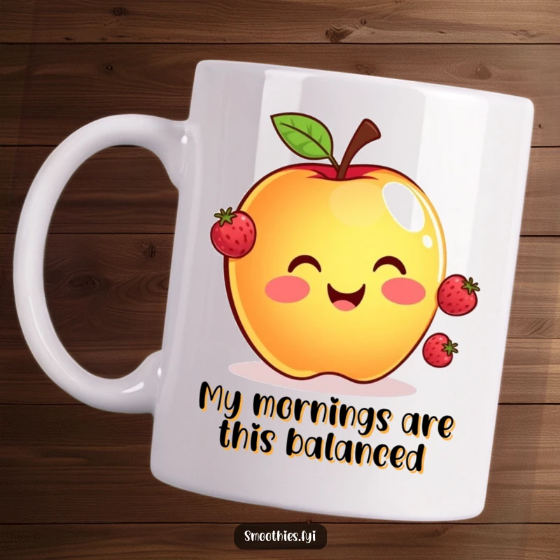 Funny mug featuring a smiling apple expertly juggling three tiny floating berries, showcasing its playful and talented personality.