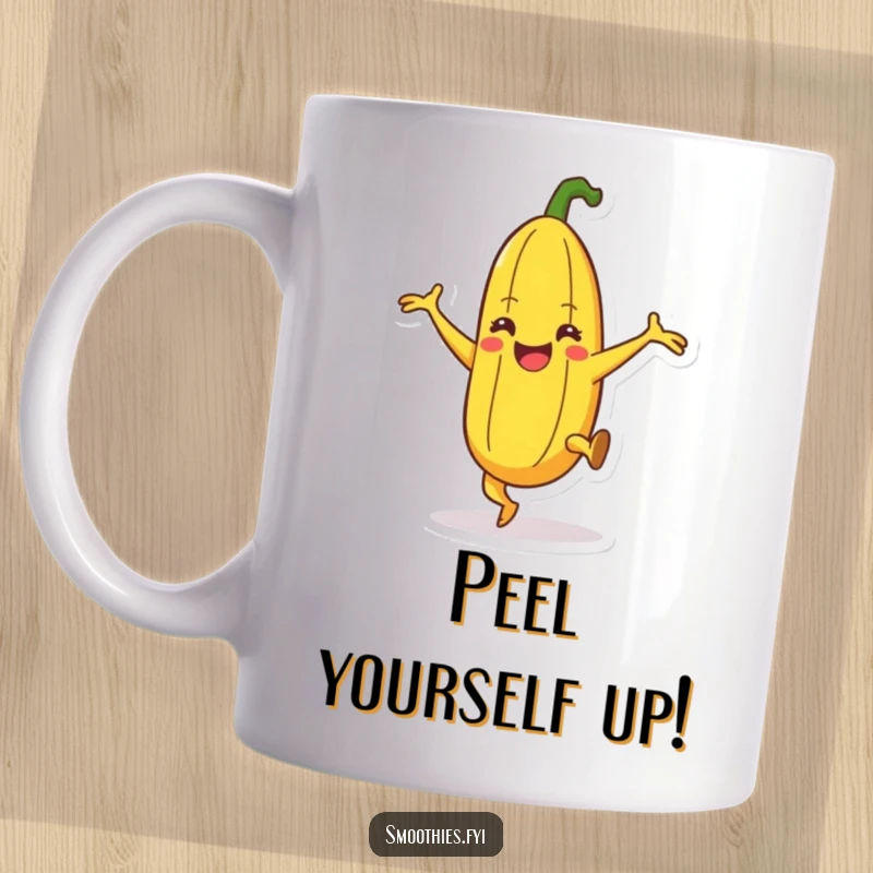 Funny happy banana character mug doing a silly dance with leg kicks, energetic and joyful fruit cartoon.