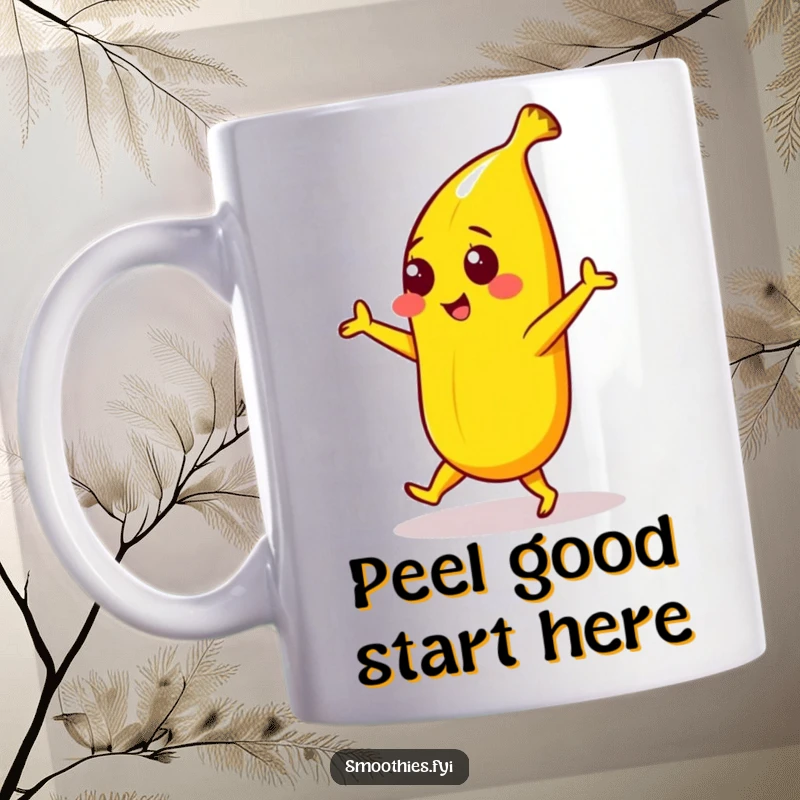 Funny mug featuring a bright yellow banana character doing a playful dance, bringing cheerful energy and a dose of humor.