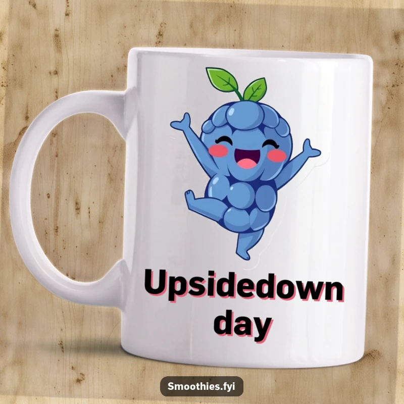 Funny mug showing a delighted blueberry doing a perfect handstand, radiating pure happiness.
