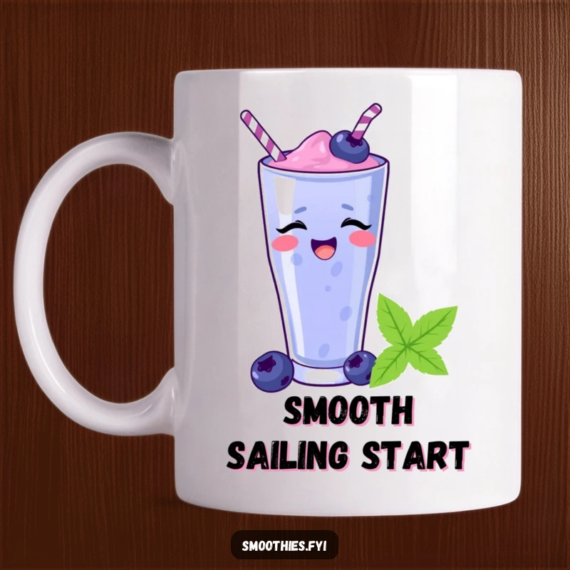 Funny blueberry smoothie giggling as it slides down a straw on a mug, conveying pure joy and fun. A humorous gift.