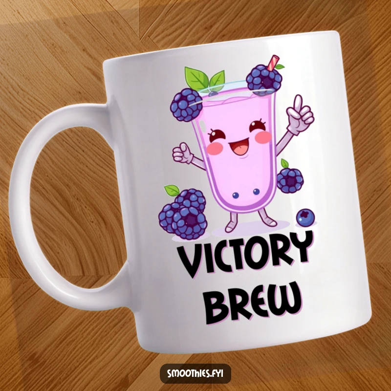 Funny Blueberry Smoothie Victory Dance Mug: A playful blueberry smoothie doing a silly dance, full of energetic humor.