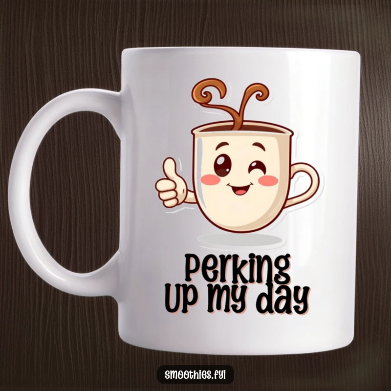 Funny mug featuring a steaming coffee cup character giving a confident thumbs up, conveying satisfaction and morning energy.