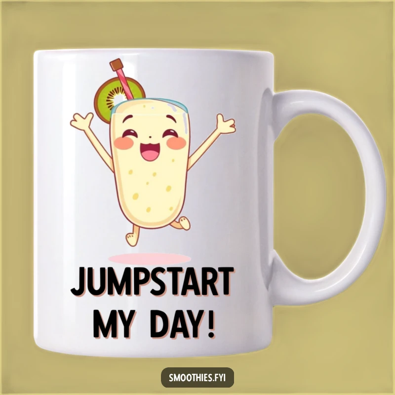 Funny Excited Kiwi Smoothie Mug: Glee Jumping Fun Gift