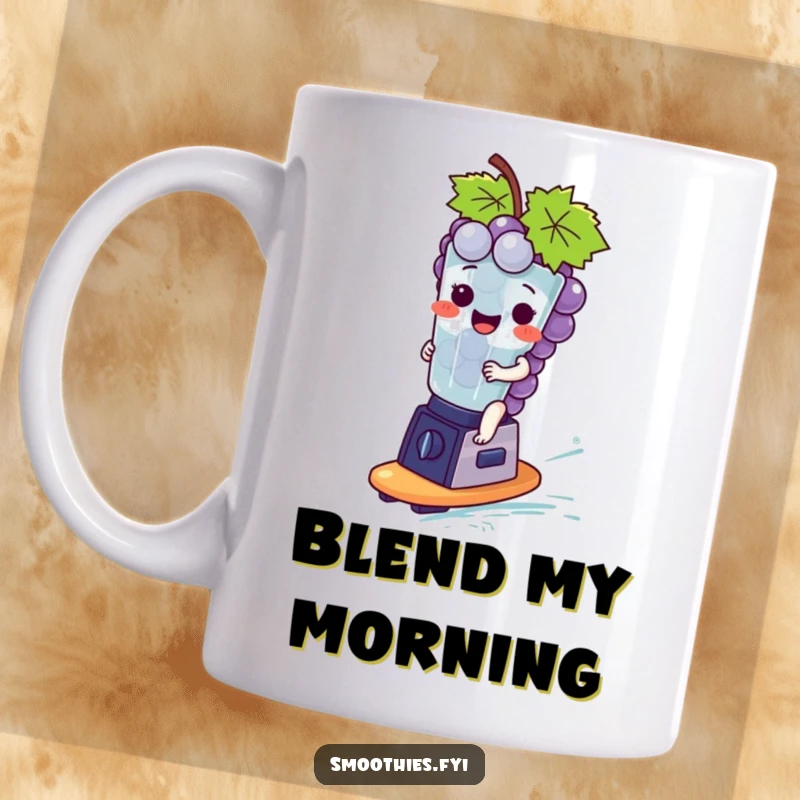 Funny giggling grape bunch character surfing a tiny blender like a surfboard, bringing joy to this mug.