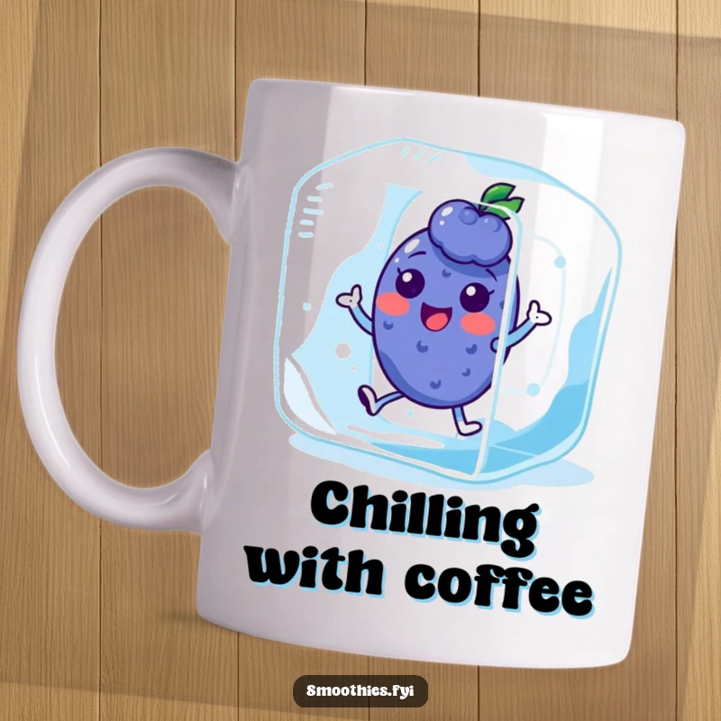 Funny Kawaii Blueberry character hopping inside a giant ice cube, looking joyful and cool. A refreshing gift idea.