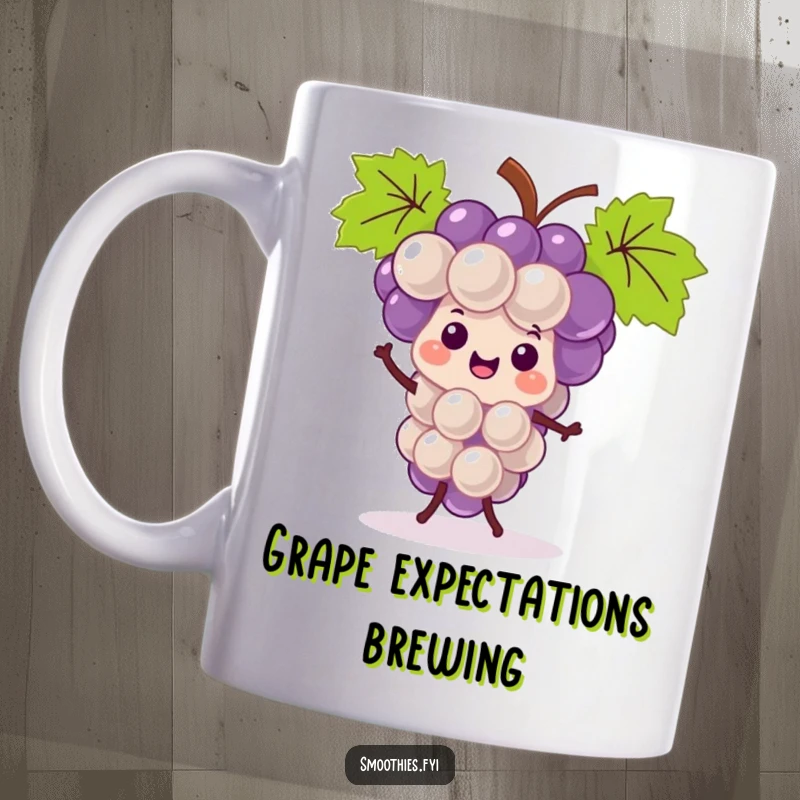 Funny kawaii grape bunch mug, smiling and doing a joyful jig, bringing quirky fruit humor to your kitchen.