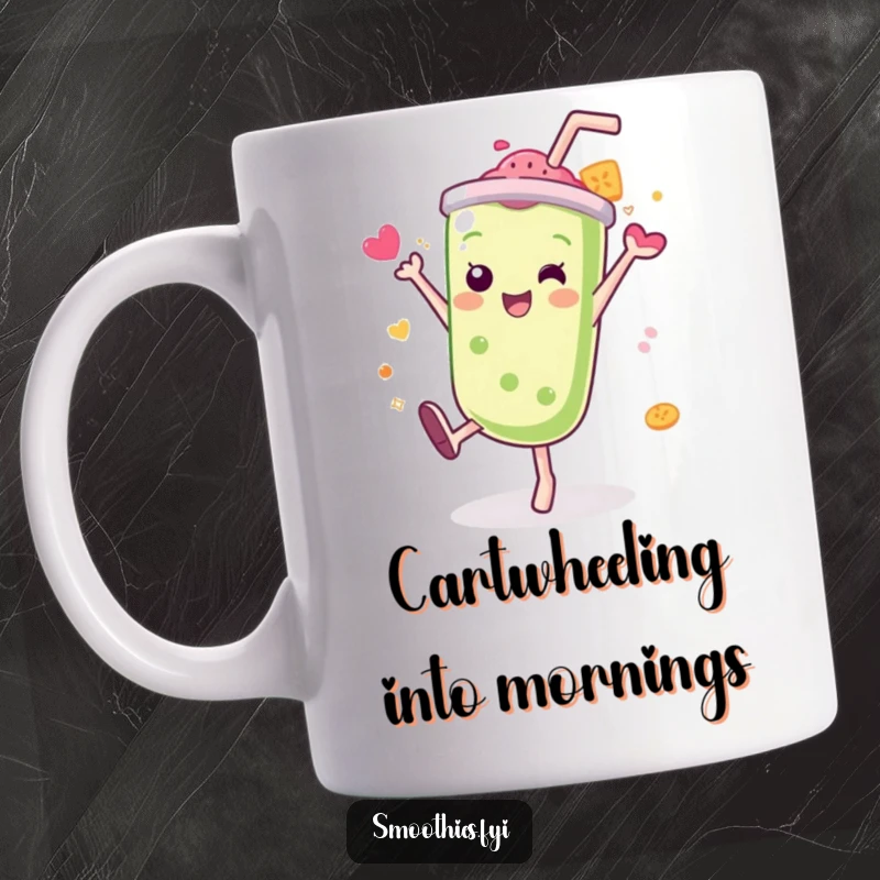 Funny Kawaii smoothie mug, character doing a cartwheel with a splash of flavor, energetic and exciting design.