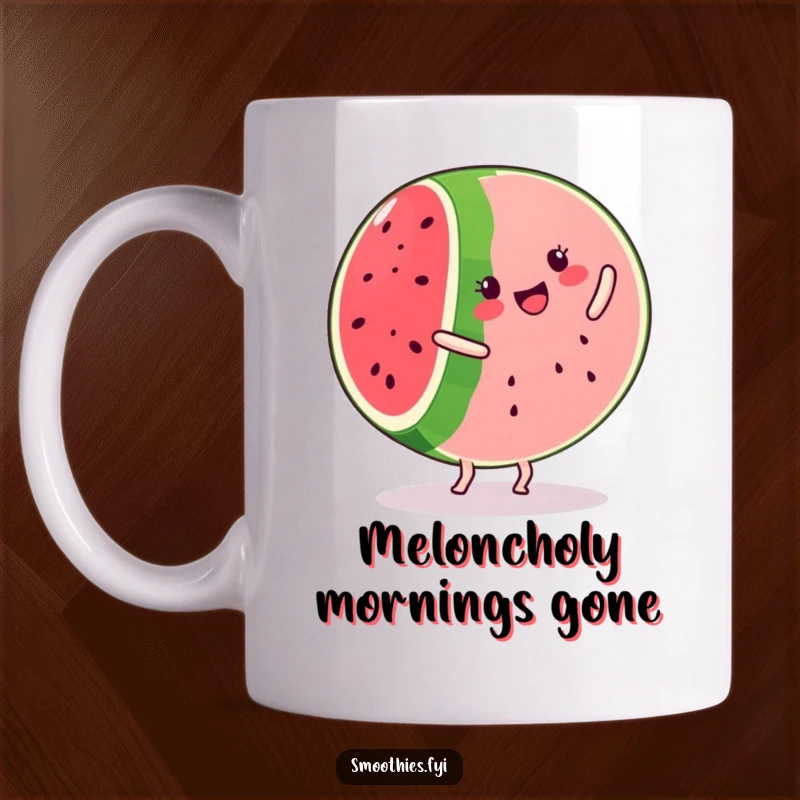 Funny kawaii watermelon slice mug, performing a cartwheel with a big smile, full of juicy fruit humor.