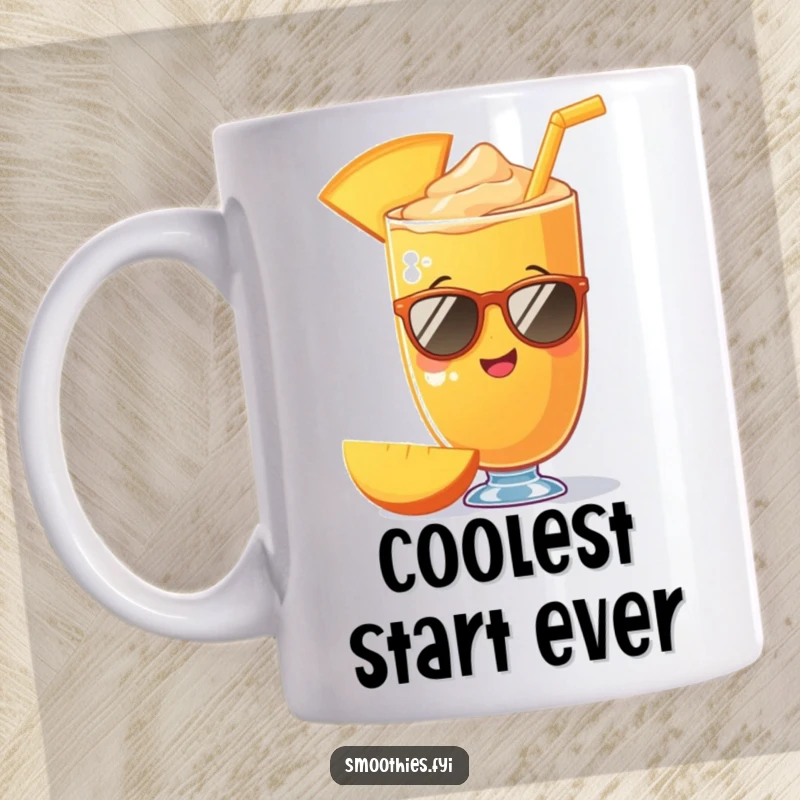 Funny mango smoothie character wearing tiny sunglasses on a mug, exuding coolness and joy. A humorous gift.