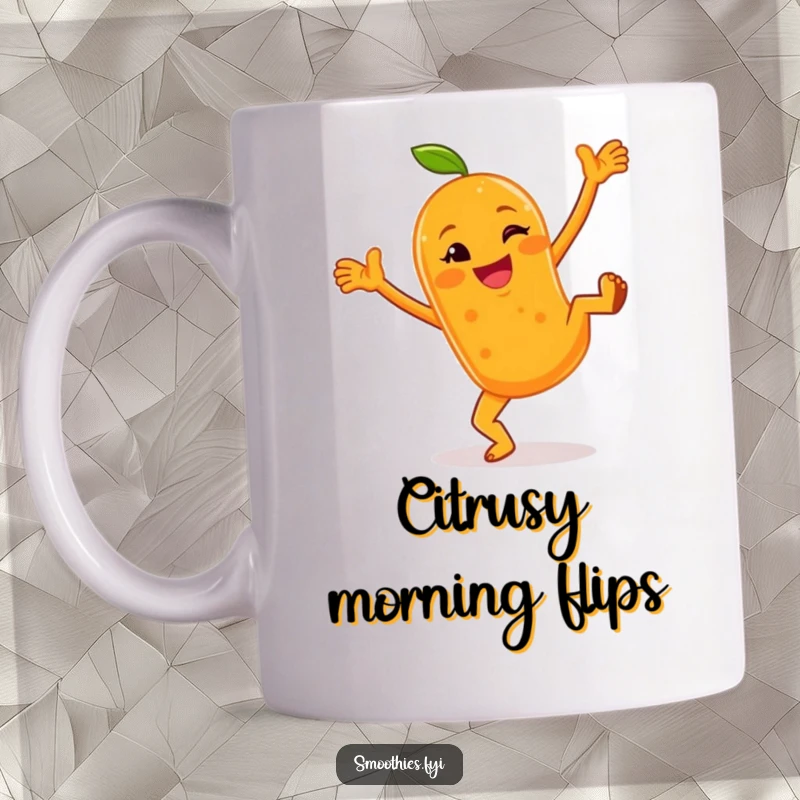 Funny mug depicting a cheerful anthropomorphic orange smoothie doing cartwheels with a playful wink, full of zest and fun.