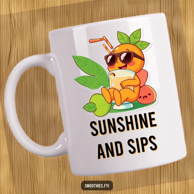 Funny orange character wearing sunglasses lounging in a smoothie, radiating a cool and relaxed vibe on a ceramic mug.