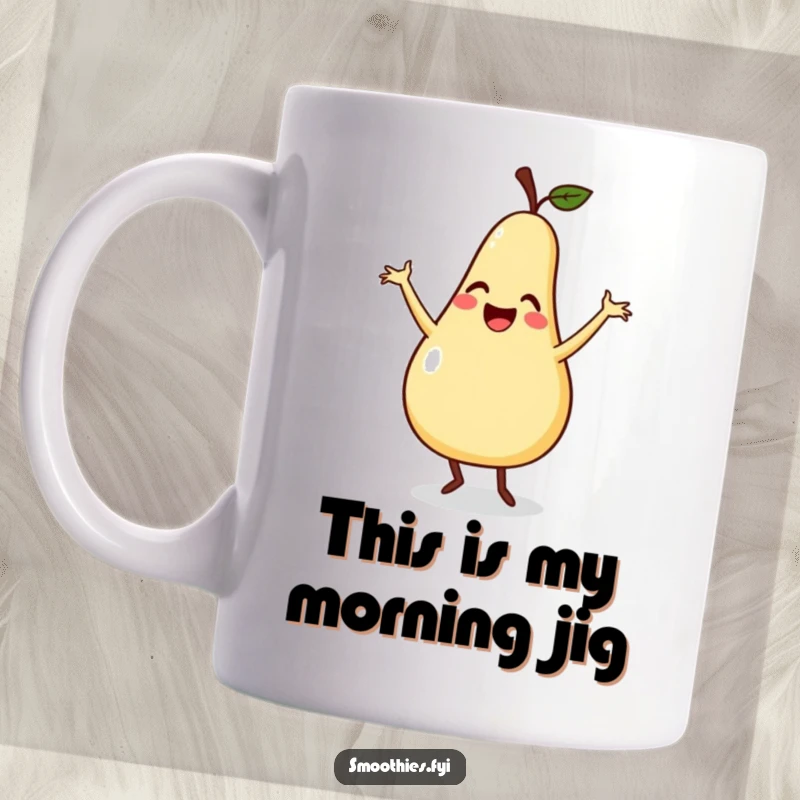 Funny mug featuring a smiling pear enthusiastically doing a silly dance with arms flailing playfully, expressing pure joy.
