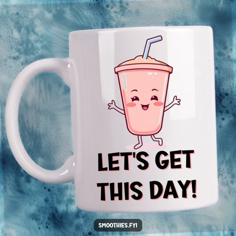 Funny smoothie cup mug with a beaming smile, joyfully dancing with its straw, radiating pure, blended happiness and fun.
