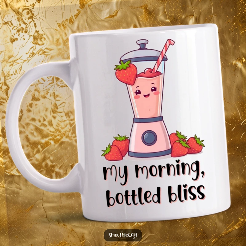 Funny strawberry smoothie blasting out of a blender on a mug, conveying pure joy and energy. A humorous design for vibrant personalities.